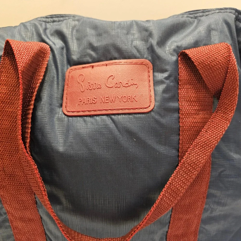 Pierre Cardin Navy Blue Ripstop Nylon Duffel Bag Burgundy Handles Weekend Travel